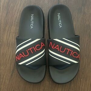 Nautica Children's size 4 navy blue/red & white slides